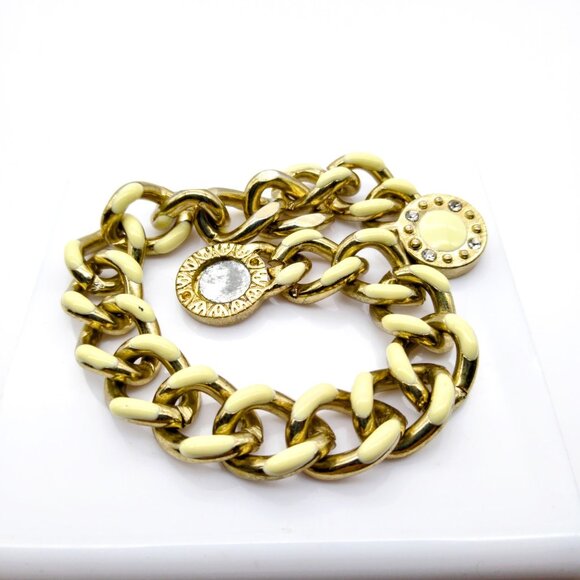 Chic Vintage Chain Link Bracelet, Gold Tone Chunky Curb Links with Beige Enamel - Picture 2 of 4